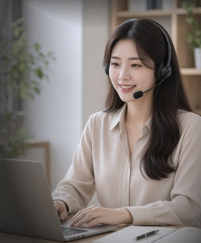헤드셋을 쓰고 상담 중인 나눔웹 상담 전문가